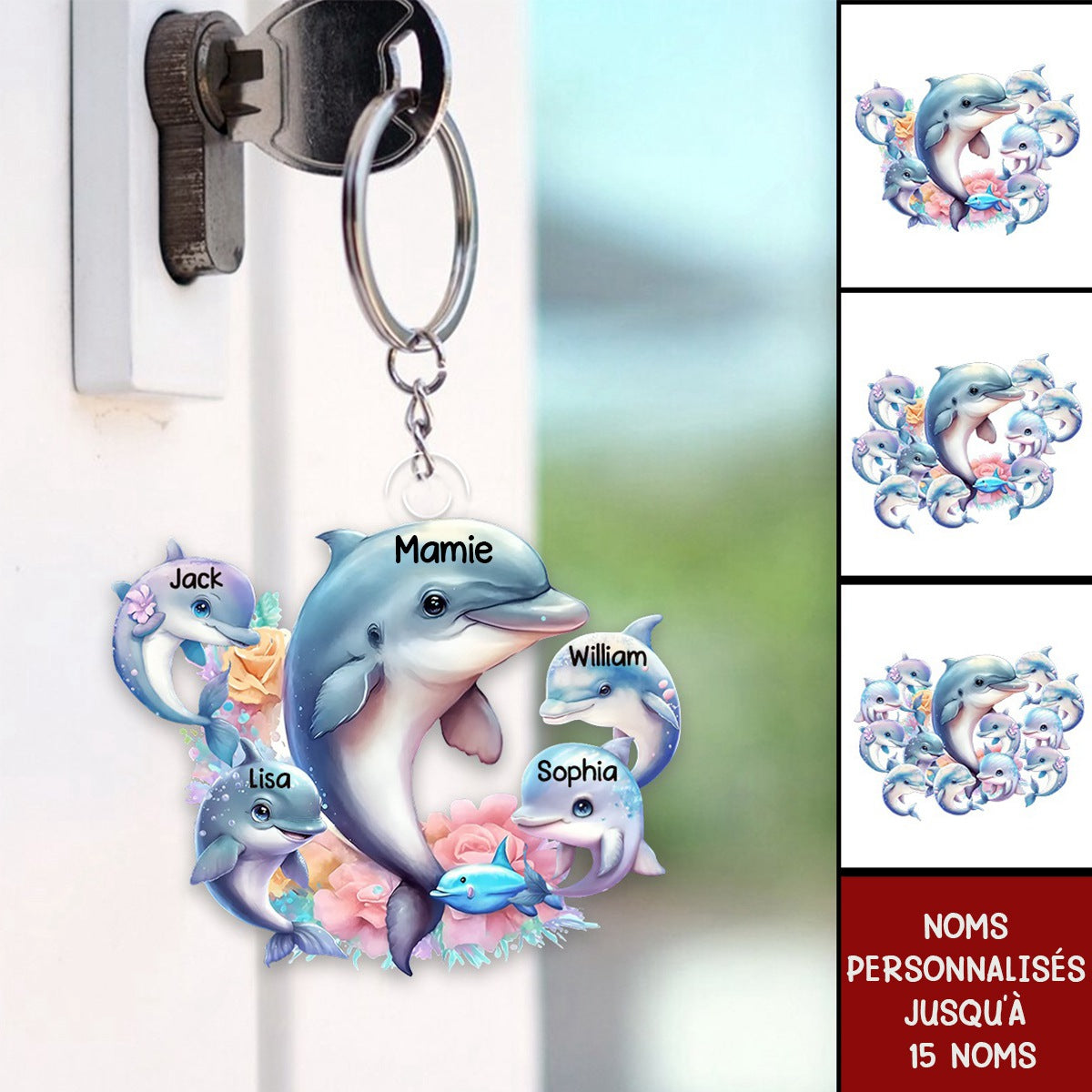 Porte-clés Personnalisé Famille Dauphin – Cadeau Adorable pour Mamie avec Prénoms des Petits-Enfants