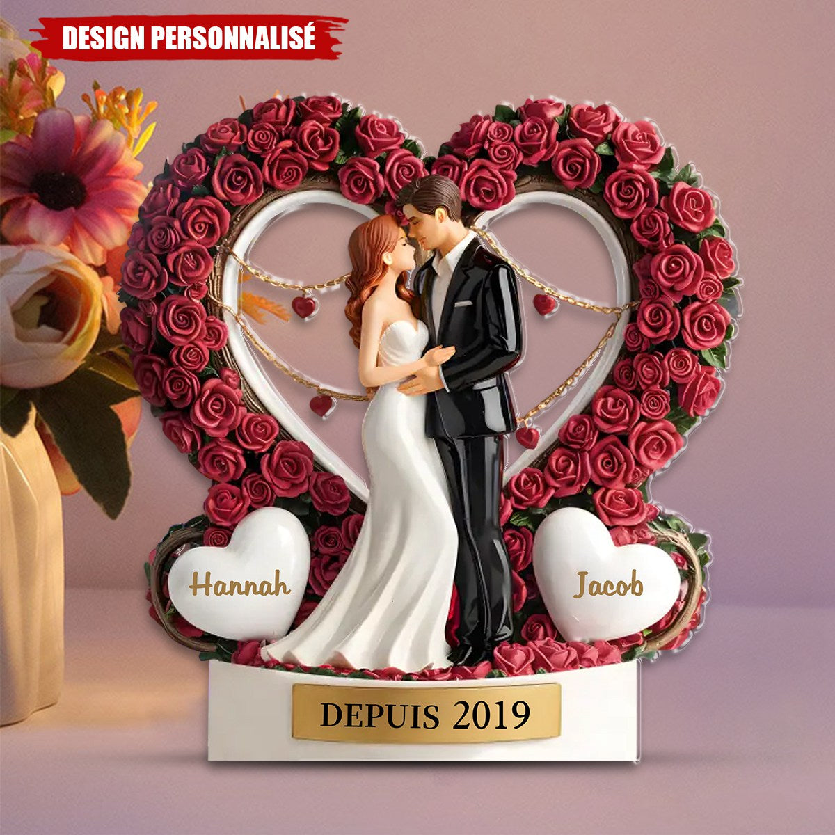 Plaque Acrylique Personnalisée – Couple Romantique avec Roses et Prénoms