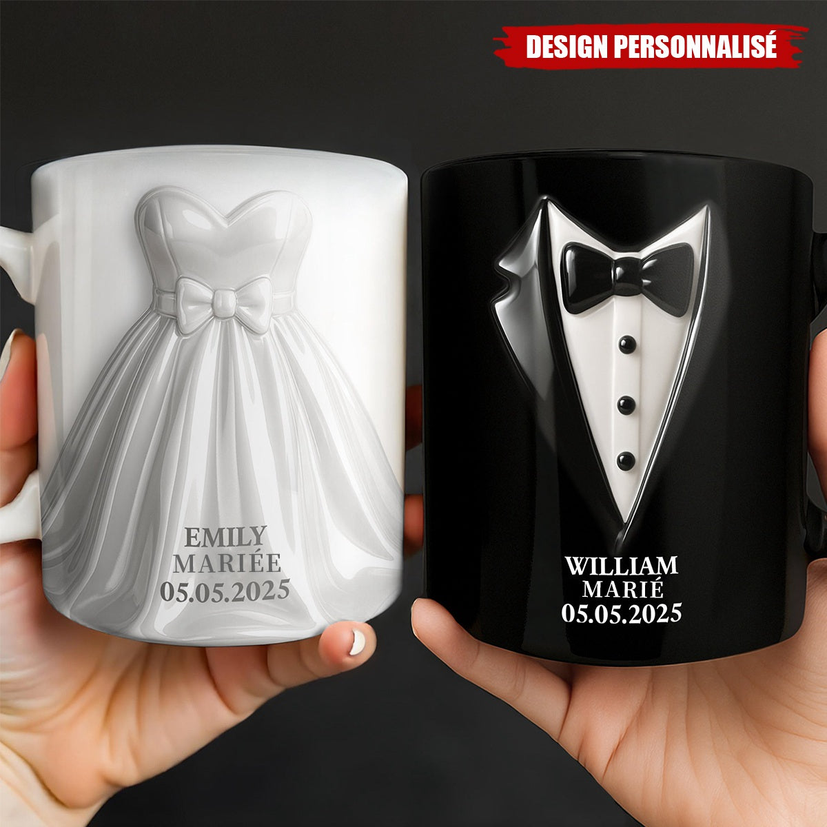 Mug de Mariage Personnalisé – Robe de Mariée et Costume Élégant avec Noms et Date