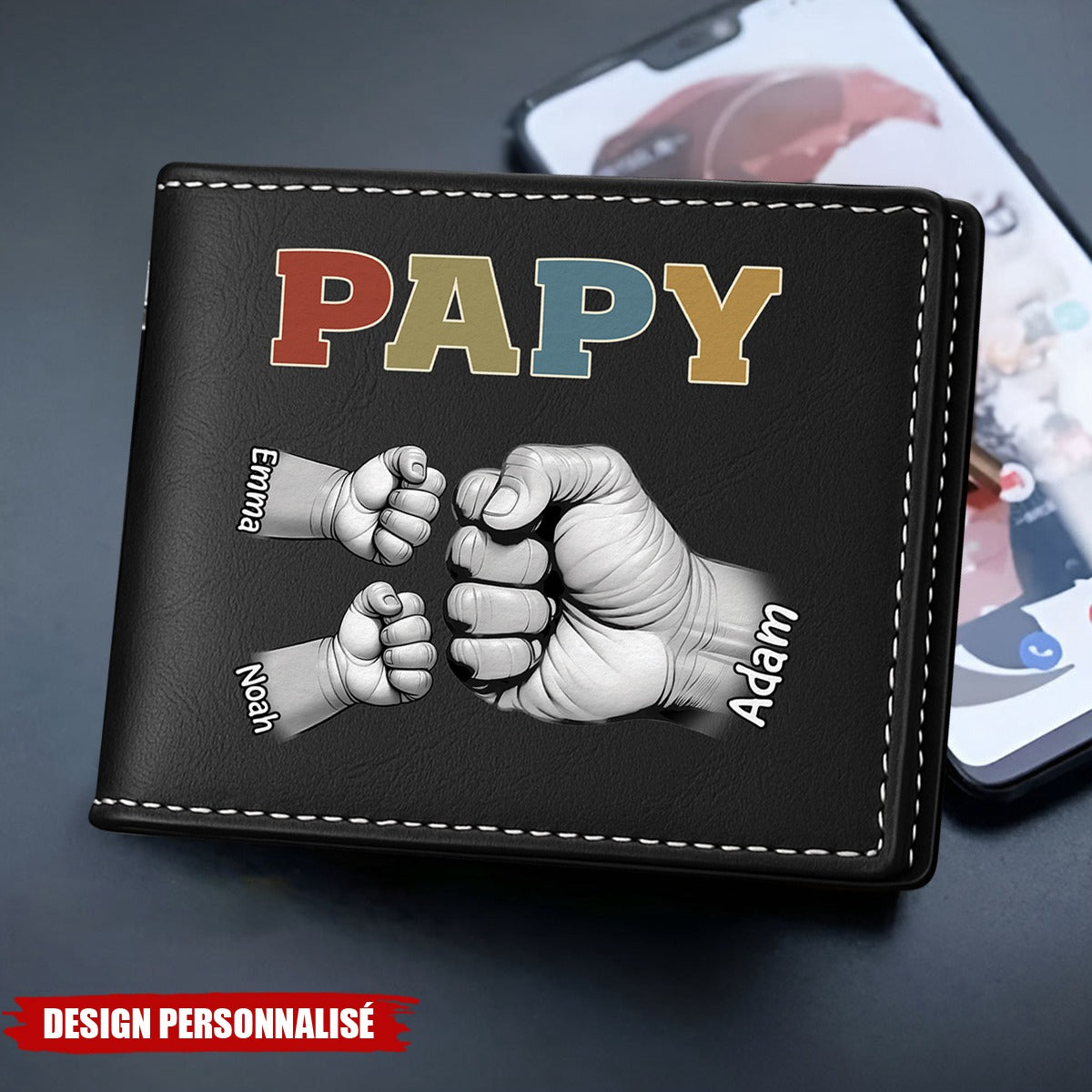 Portefeuille Personnalisé en Cuir– Poings d’Amour Gravés avec les Prénoms des Enfants