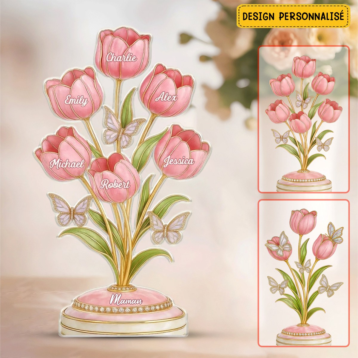 Statue Personnalisée de Tulipes et Papillons - Cadeau Unique pour Maman ou Mamie
