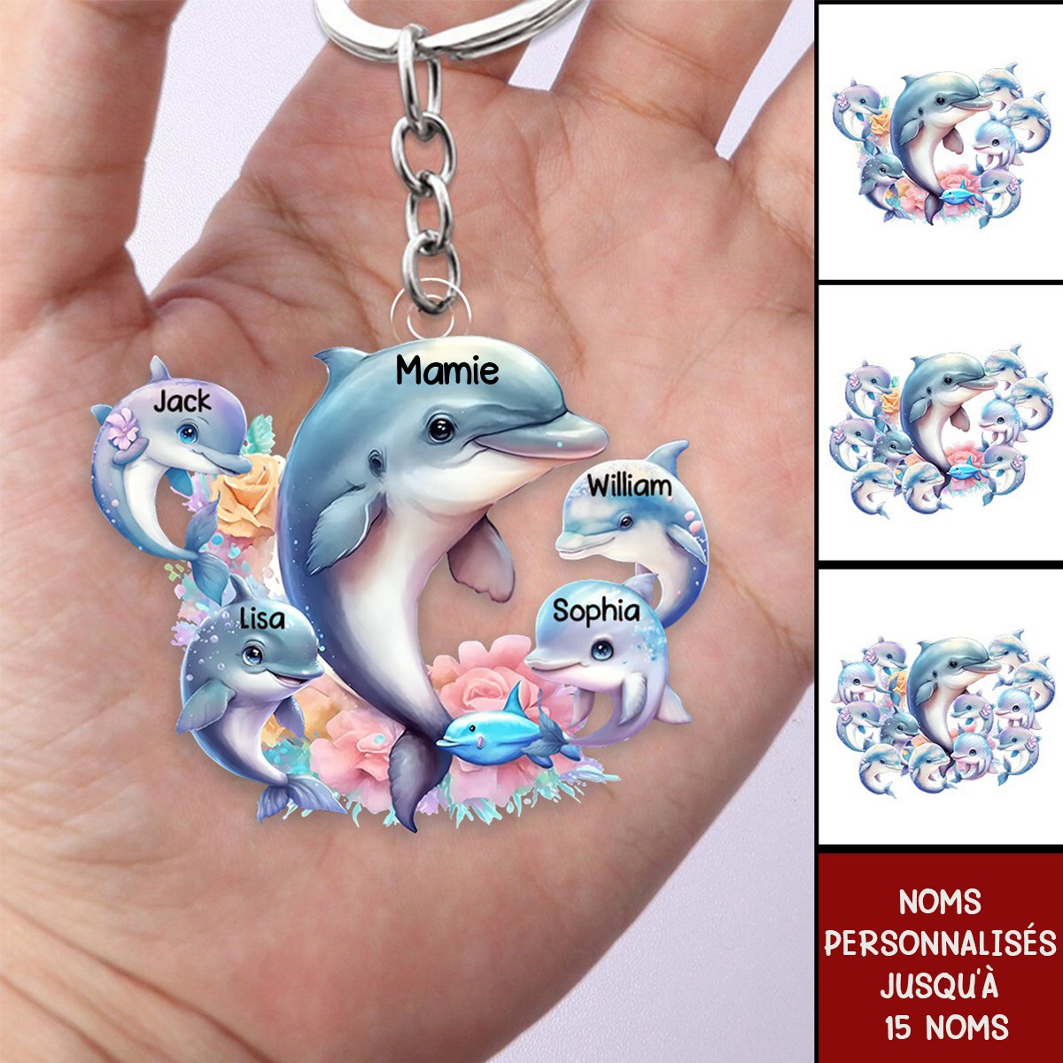 Porte-clés Personnalisé Famille Dauphin – Cadeau Adorable pour Mamie avec Prénoms des Petits-Enfants