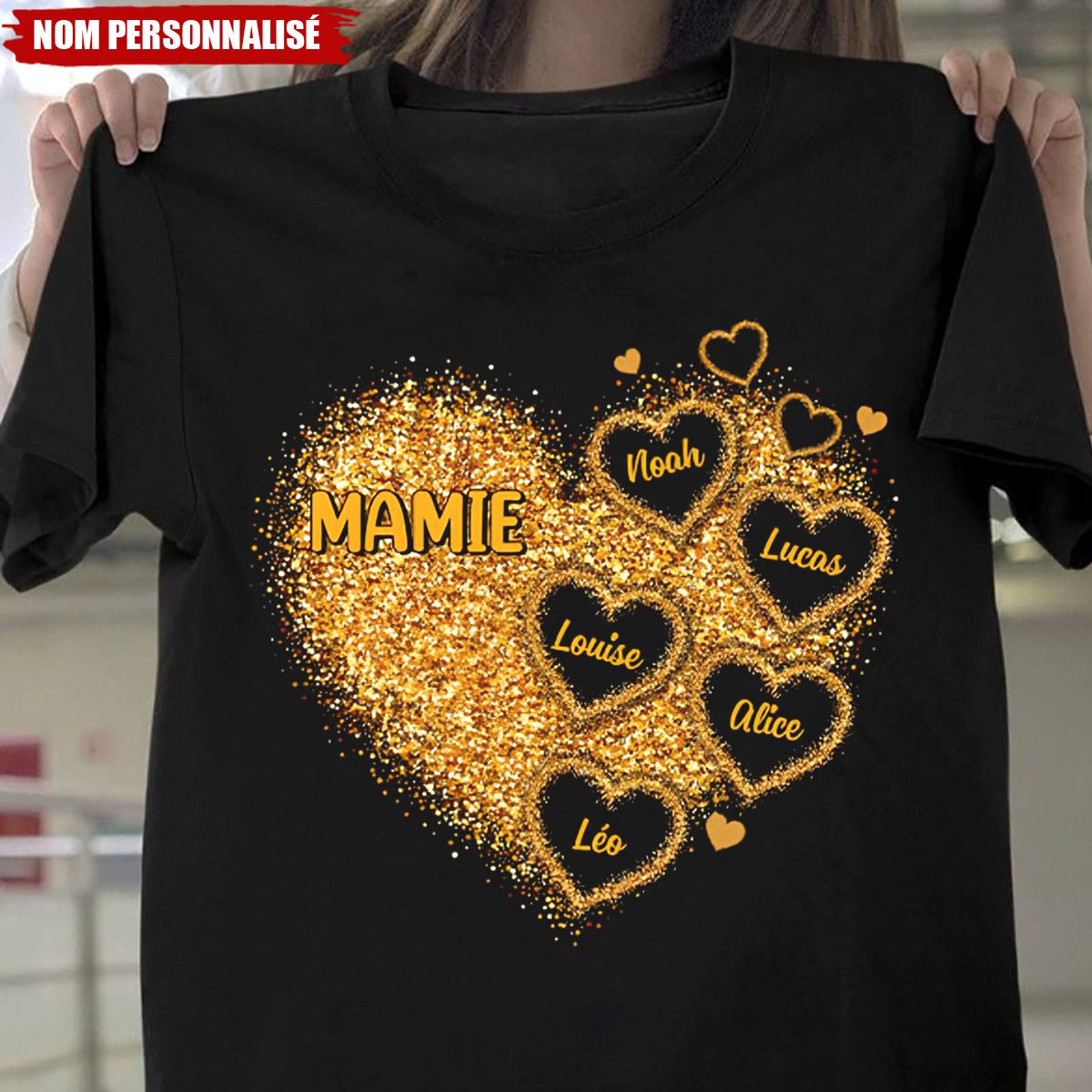 T-shirt Personnalisé Mamie – Cœur Scintillant avec Prénoms des Petits-Enfants