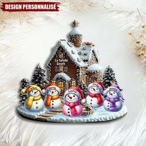 Plaque en Bois de Noël Personnalisée-Famille Bonhommes de Neige Devant une Maison