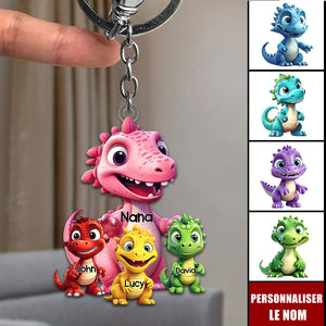 Porte-clés Dinosaures Personnalisé – Cadeau Original pour Mamie ou Maman avec Prénoms des Petits-Enfants