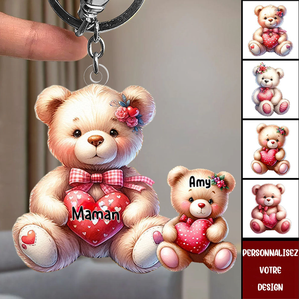 Porte-clés Ours Personnalisé avec Prénoms – Cadeau Tendre pour Maman