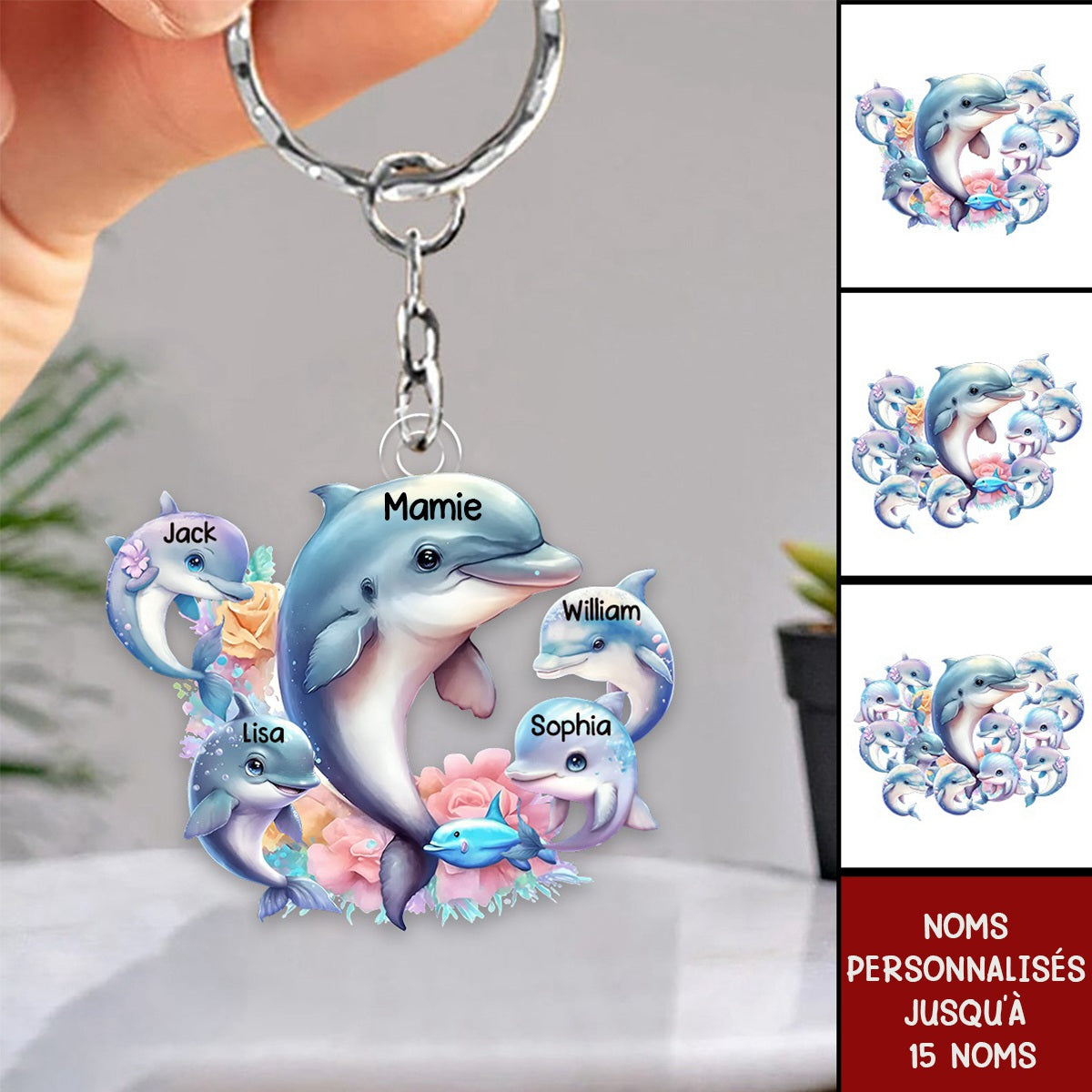 Porte-clés Personnalisé Famille Dauphin – Cadeau Adorable pour Mamie avec Prénoms des Petits-Enfants
