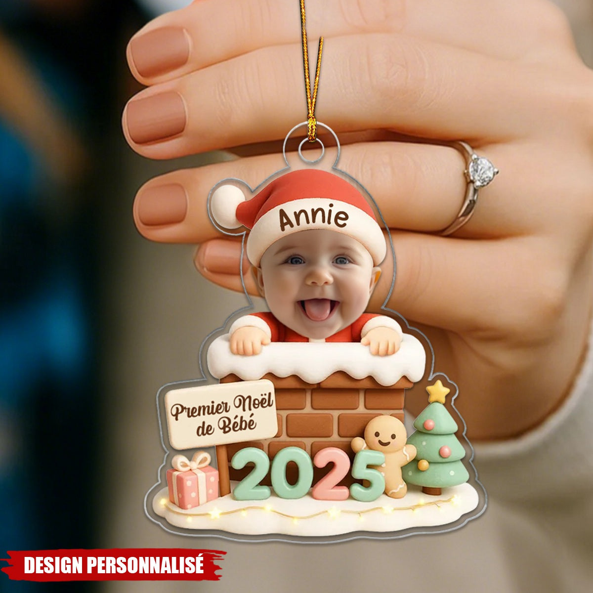 Ornement Acrylique Personnalisé Bébé Noël avec Cheminée – Cadeau de Noël pour Enfants