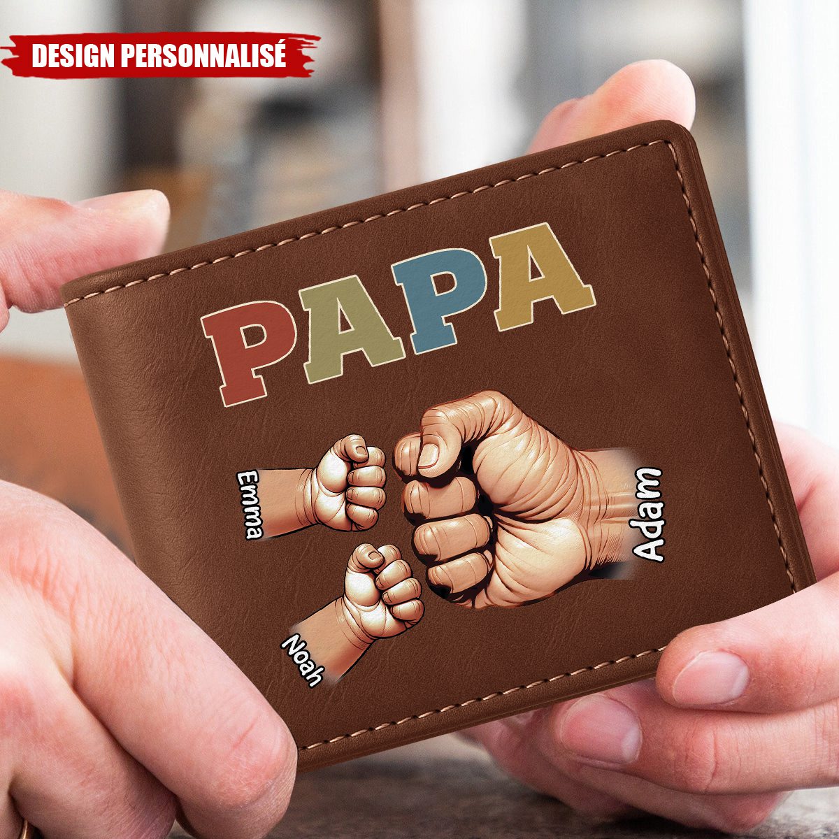 Portefeuille Personnalisé en Cuir– Poings d’Amour Gravés avec les Prénoms des Enfants