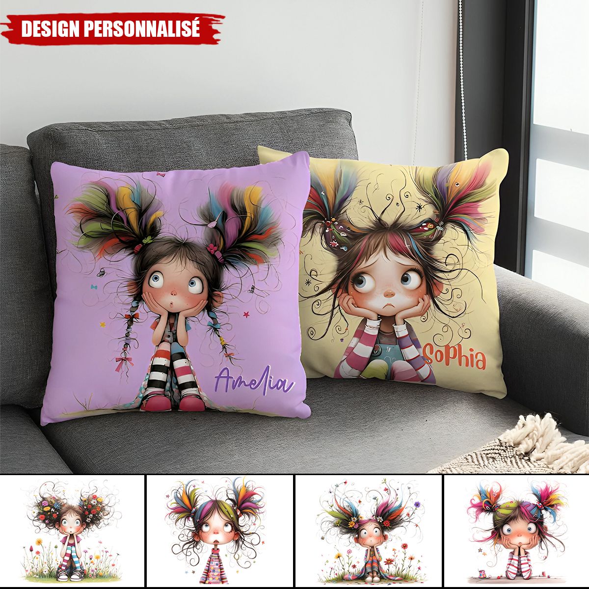 Coussin Personnalisé avec Prénom – Illustration Fille en Dessin Animé Coloré