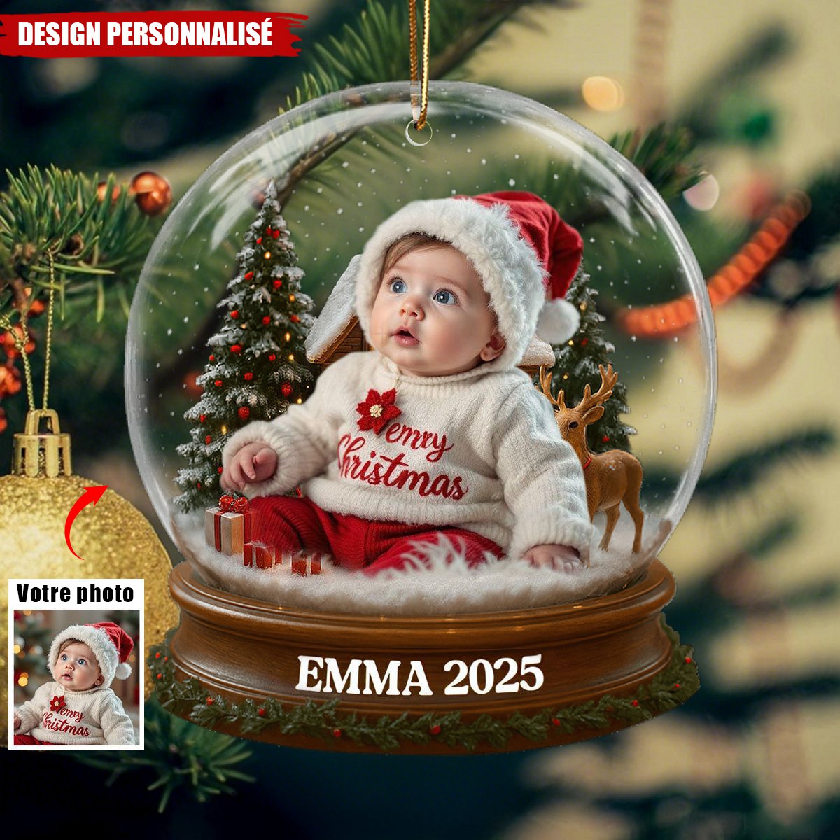 Ornement Acrylique Personnalisé - Premier Noël de Bébé avec Costume du Père Noël et Renne