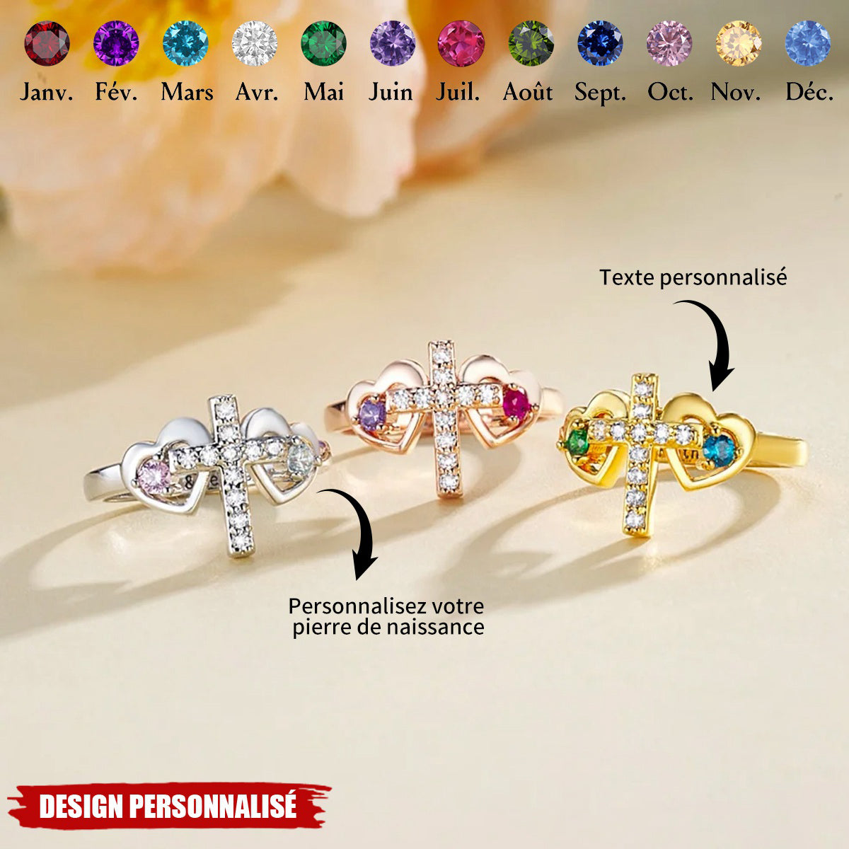 Bague Croix Personnalisée avec Pierre de Naissance – Bijou Chrétien Élégant pour Femmes