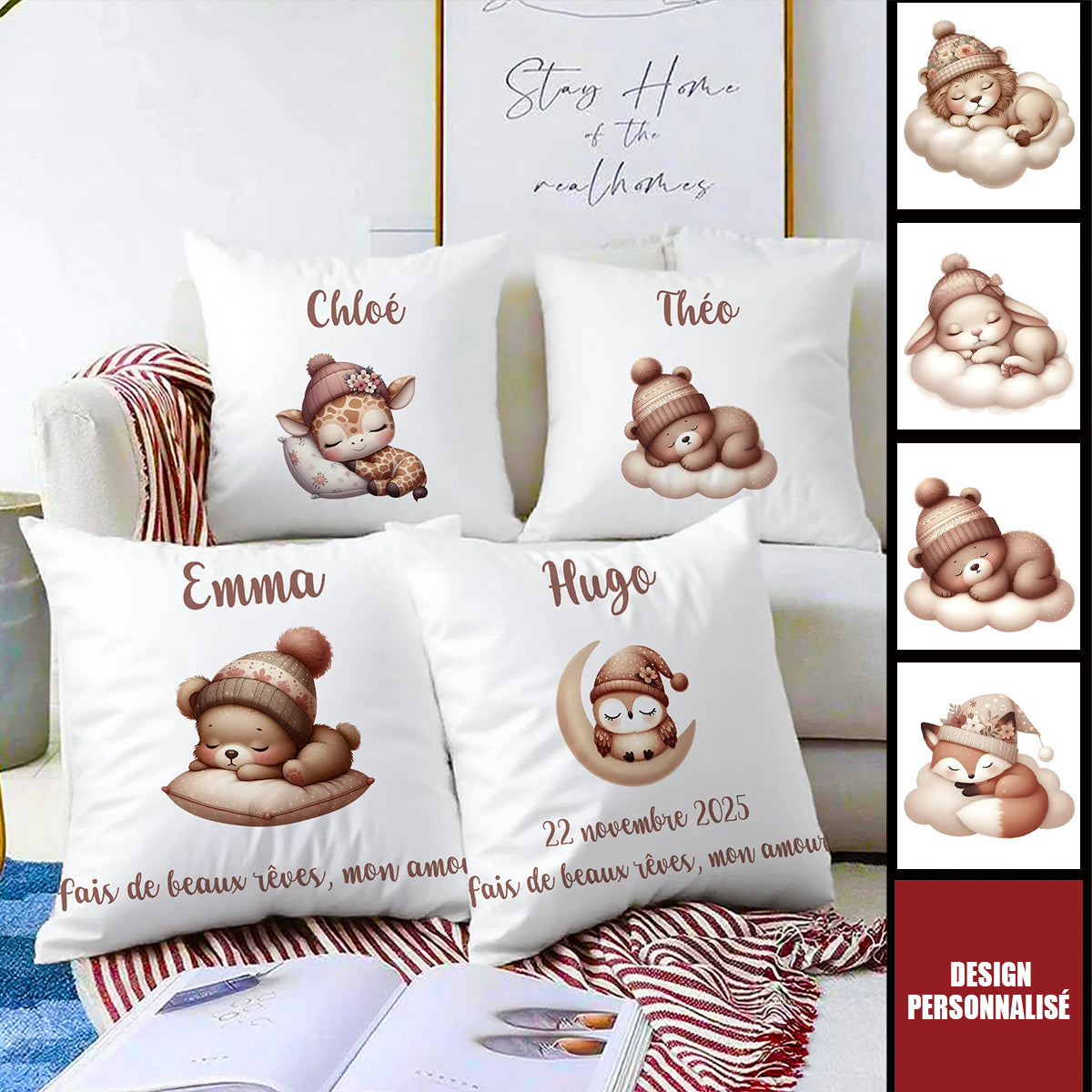 Housse de Coussin Personnalisée - Design Animal Mignon et Nom