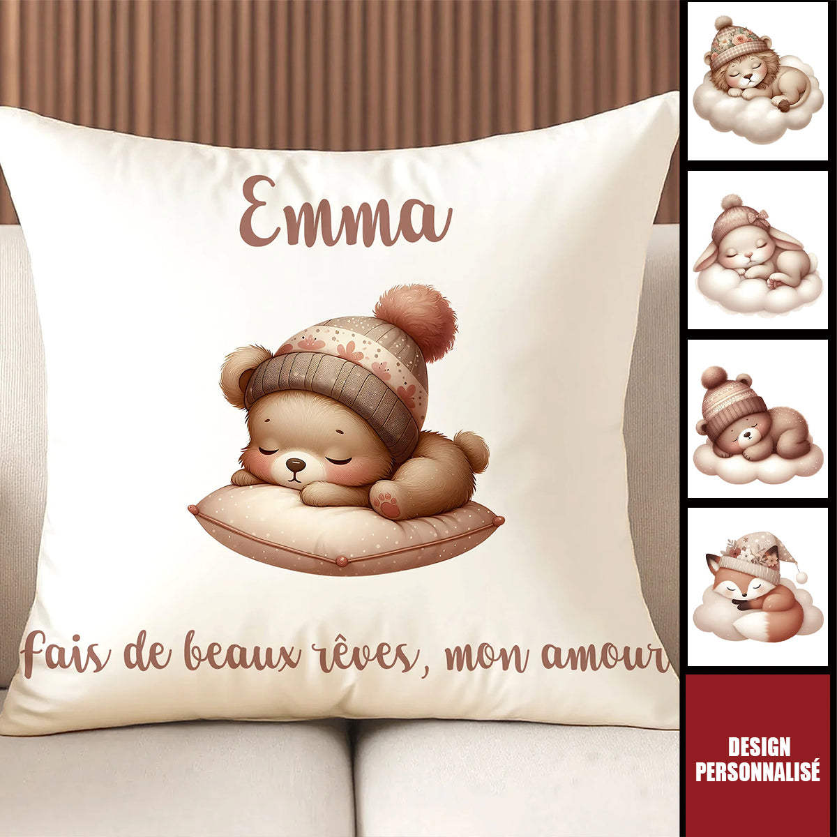 Housse de Coussin Personnalisée - Design Animal Mignon et Nom