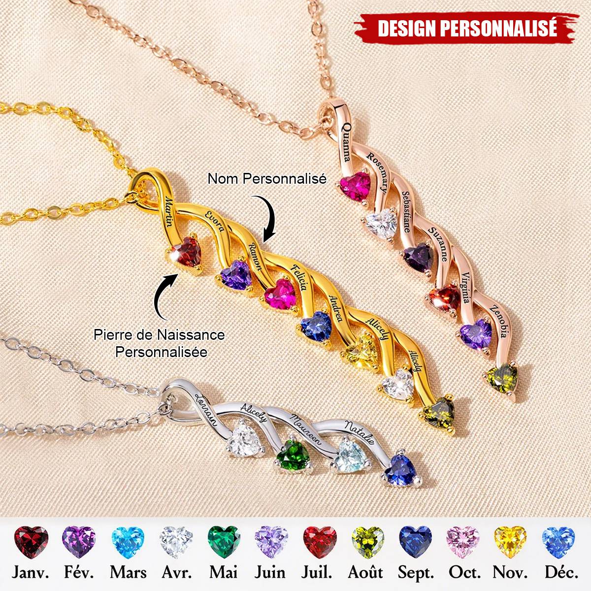 Collier Personnalisé Cœurs et Pierres de Naissance – Cadeau Unique et Élégant