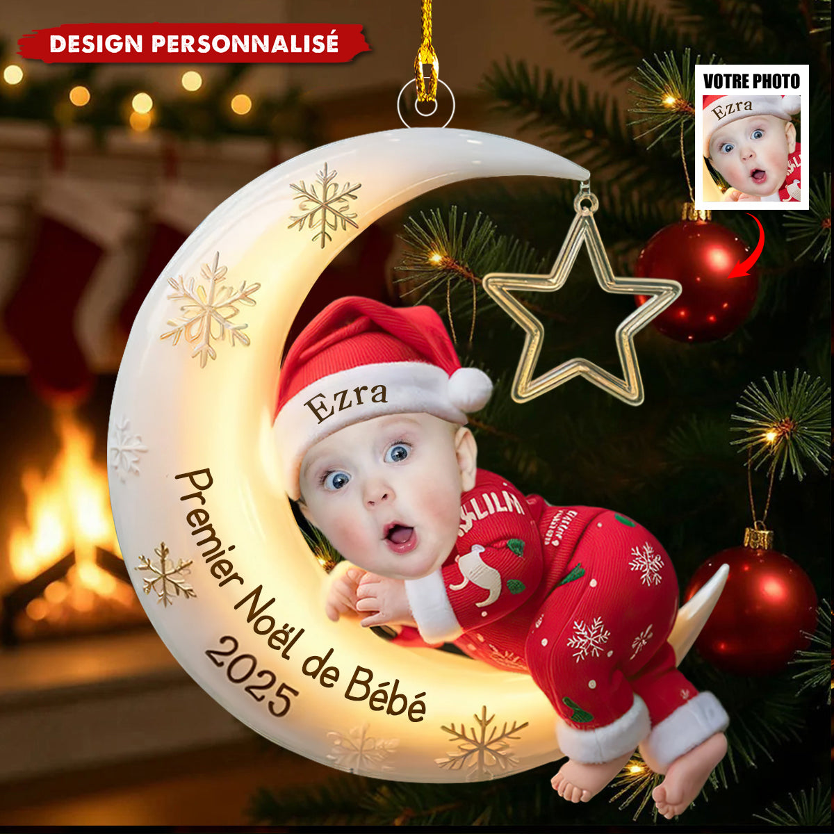 Ornement de Noël Personnalisée – Bébé sur la Lune, Premier Noël 2025