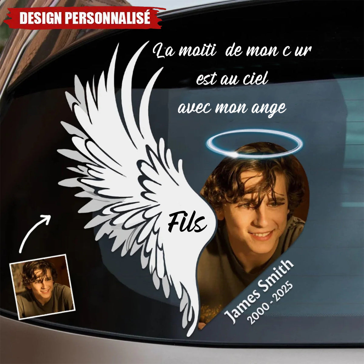 Autocollant Commémoratif Personnalisé – Ailes d’Ange avec Photo et Nom