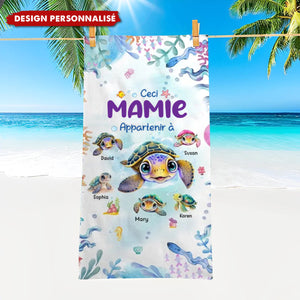 Serviette de Plage Personnalisée Mamie et Petites Tortues