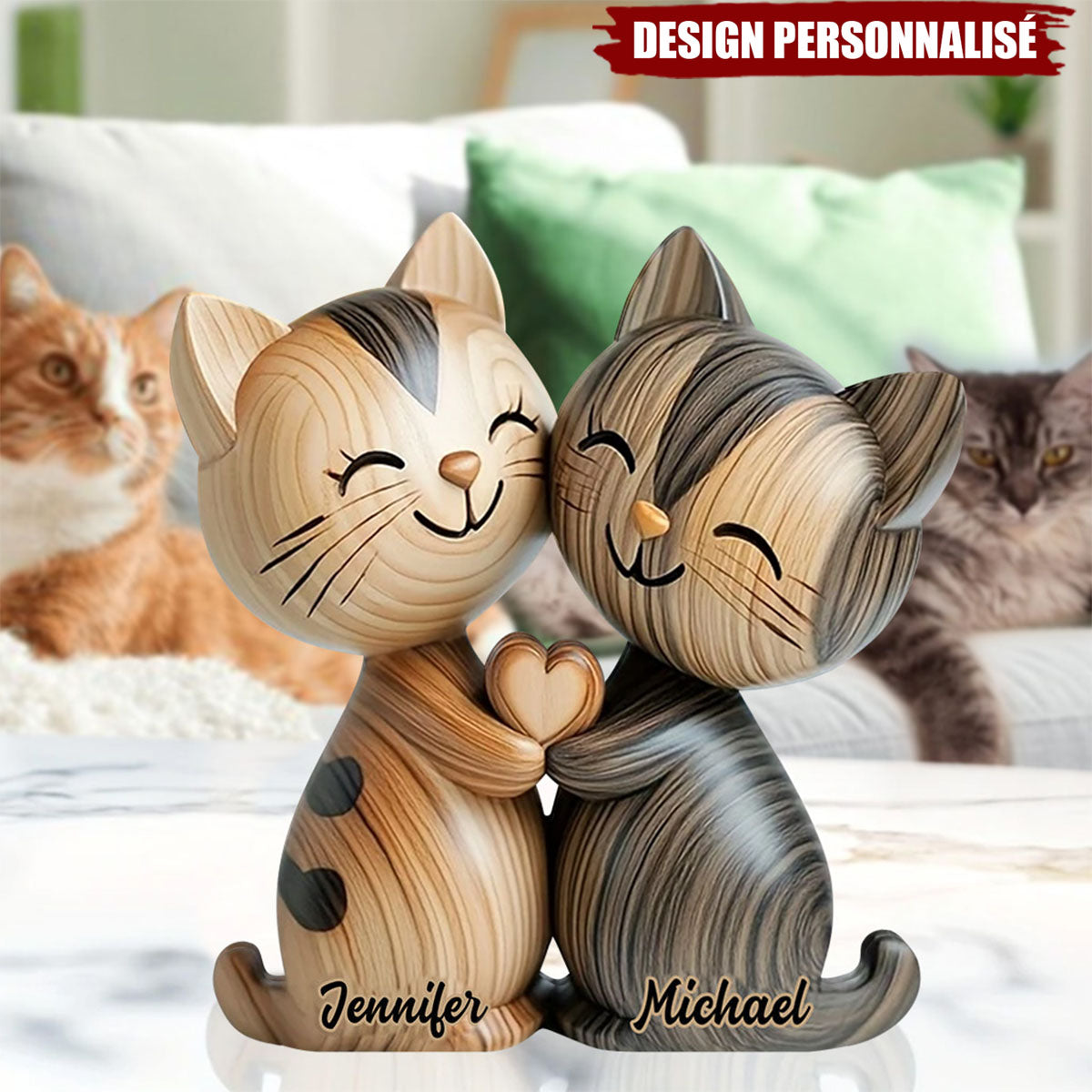 Adorables Chats en Couple – Plaque Acrylique Personnalisée en Forme de Chat