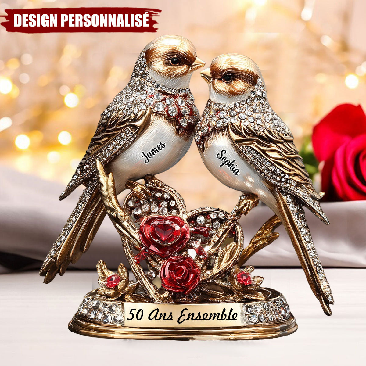 Plaque Acrylique Personnalisée – Oiseaux de l’Amour pour Anniversaire de Mariage