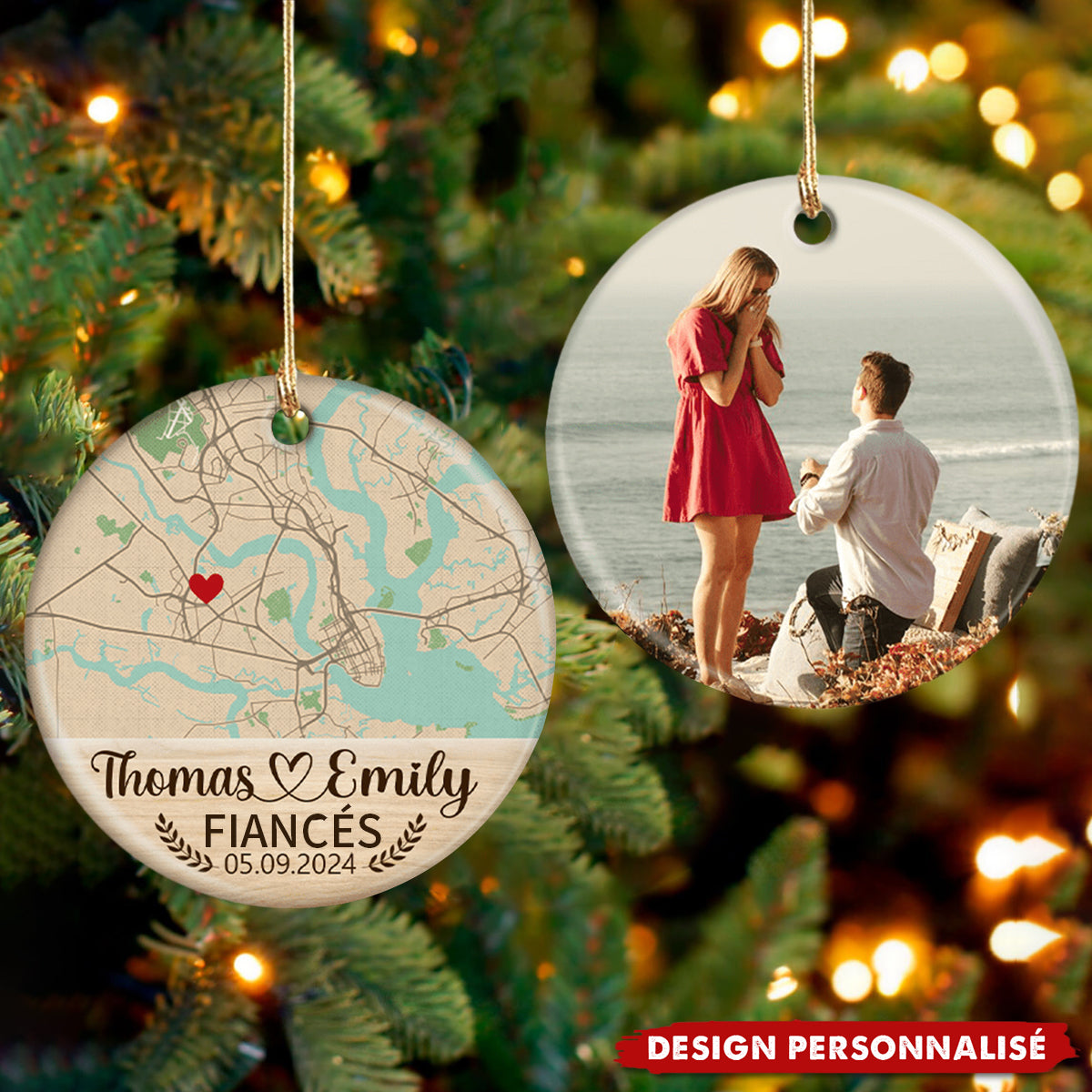 Ornement Céramique Personnalisé – Lieu de Fiançailles avec Photo & Carte