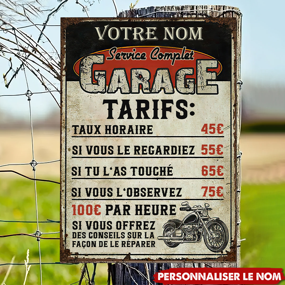 Plaque Métal Garage Personnalisée – Tarifs Drôles pour Mécano Passionné