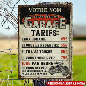 Plaque Métal Garage Personnalisée – Tarifs Drôles pour Mécano Passionné