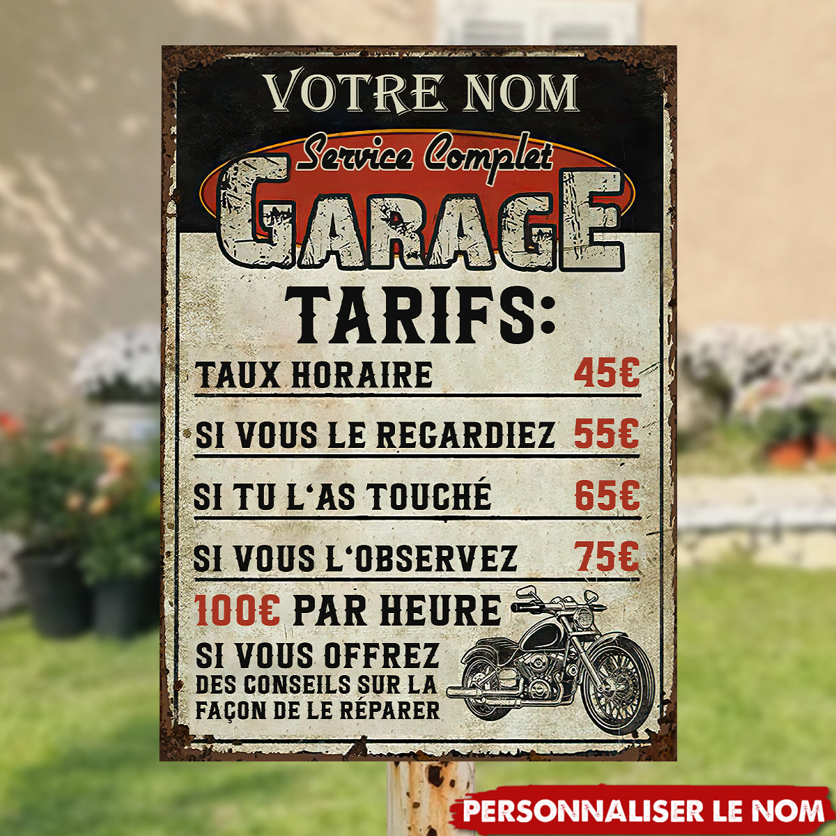 Plaque Métal Garage Personnalisée – Tarifs Drôles pour Mécano Passionné