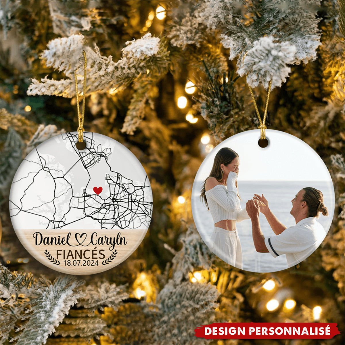 Ornement Céramique Personnalisé – Lieu de Fiançailles avec Photo & Carte