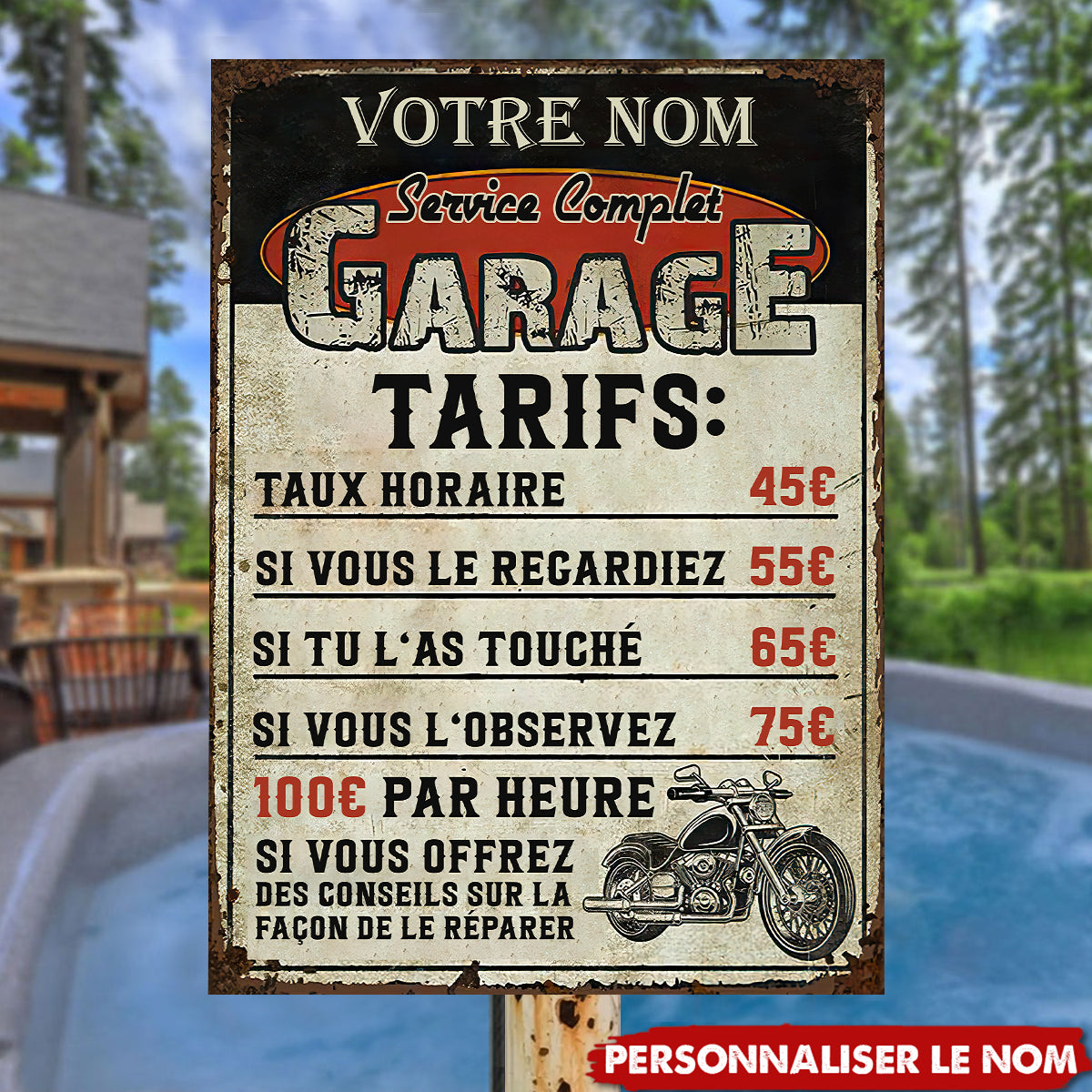 Plaque Métal Garage Personnalisée – Tarifs Drôles pour Mécano Passionné
