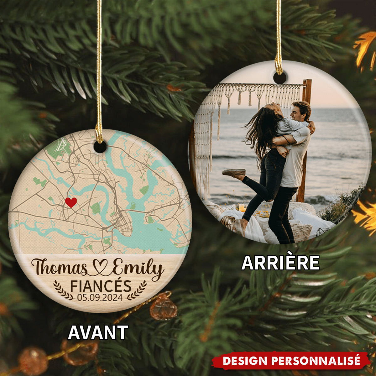 Ornement Céramique Personnalisé – Lieu de Fiançailles avec Photo & Carte