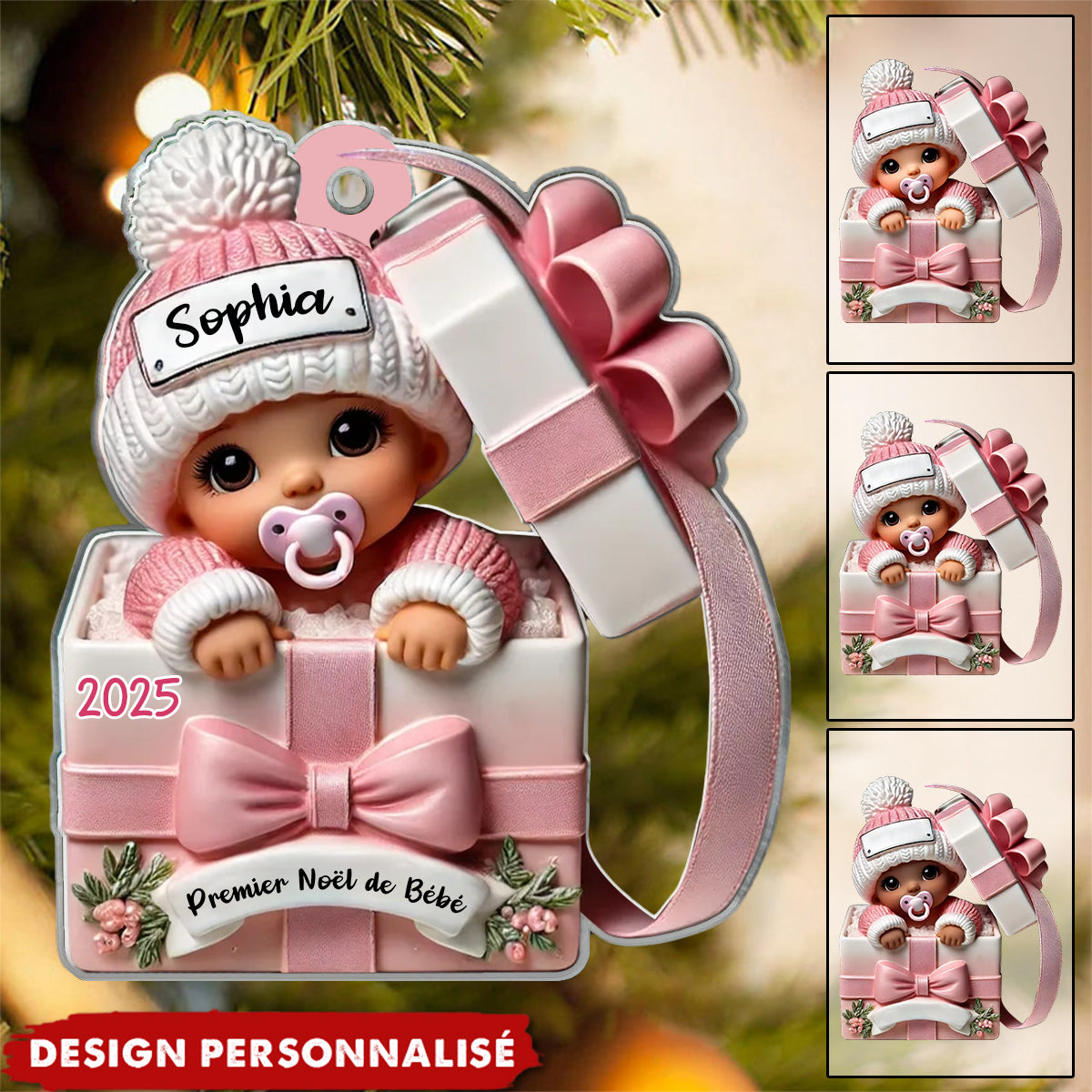 Suspension Acrylique Personnalisée 3D – Bébé dans une Boîte Cadeau – Cadeau pour Nouveau-né