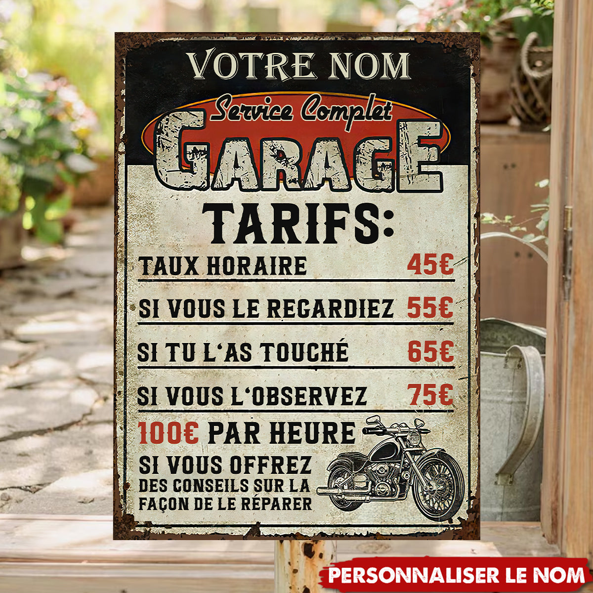 Plaque Métal Garage Personnalisée – Tarifs Drôles pour Mécano Passionné