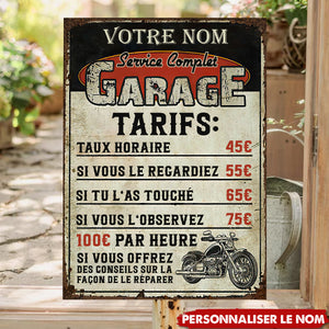 Plaque Métal Garage Personnalisée – Tarifs Drôles pour Mécano Passionné