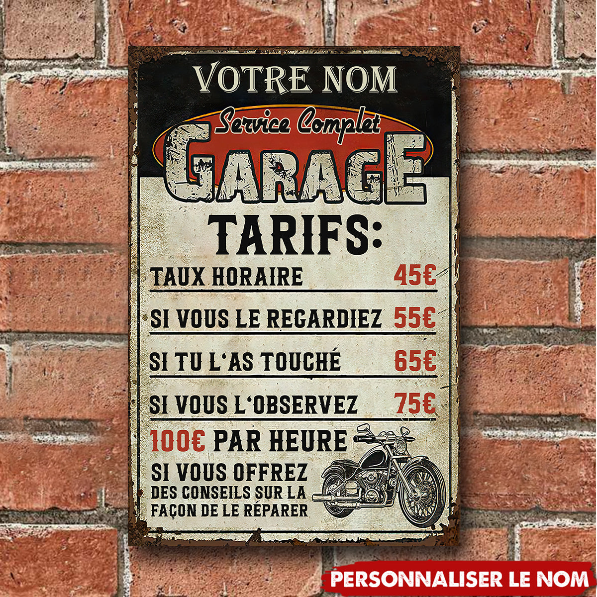 Plaque Métal Garage Personnalisée – Tarifs Drôles pour Mécano Passionné