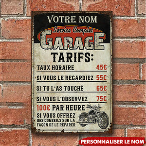 Plaque Métal Garage Personnalisée – Tarifs Drôles pour Mécano Passionné