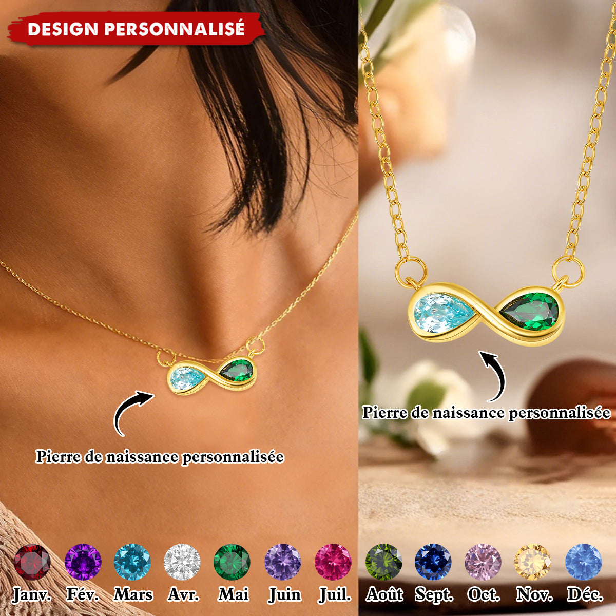 Collier Infini Personnalisé avec Pierres de Naissance – Symbole d’Amour Éternel
