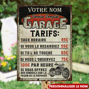 Plaque Métal Garage Personnalisée – Tarifs Drôles pour Mécano Passionné