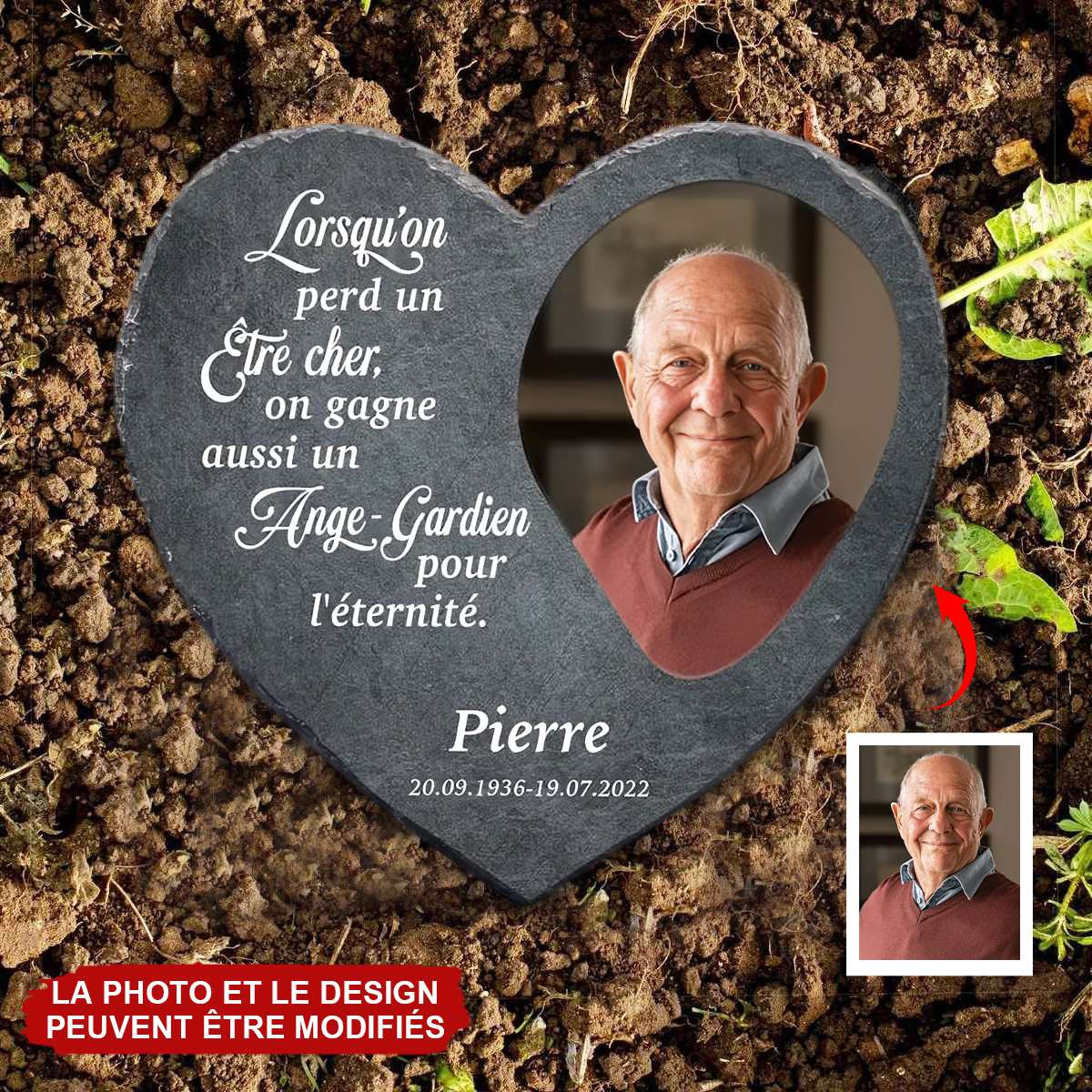 Plaque Commémorative Personnalisée en Pierre Naturelle – Cœur Gravé avec Photo