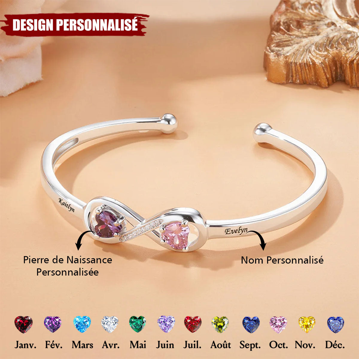 Bracelet Personnalisé avec Noms et Pierres de Naissance en Forme de Cœur - Cadeau Émotionnel et Élégant