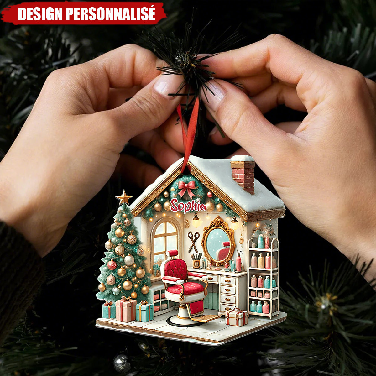 Décoration de Noël Personnalisée pour Salon de Coiffure – Cadeau de Noël pour Propriétaire de Salon de Coiffure