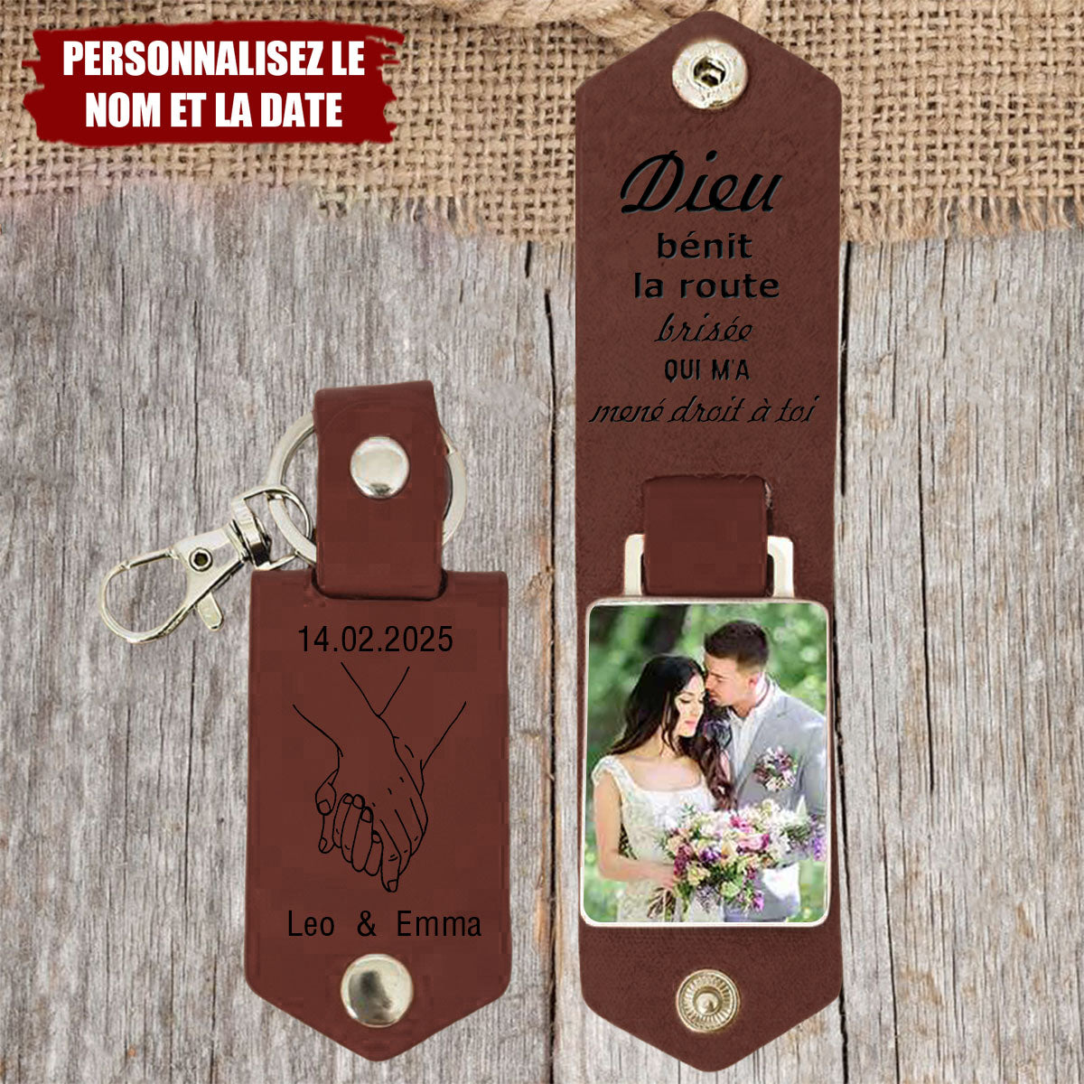 Porte-clés Personnalisé en Cuir avec Photo et Prénoms – Cadeau Romantique pour Couple