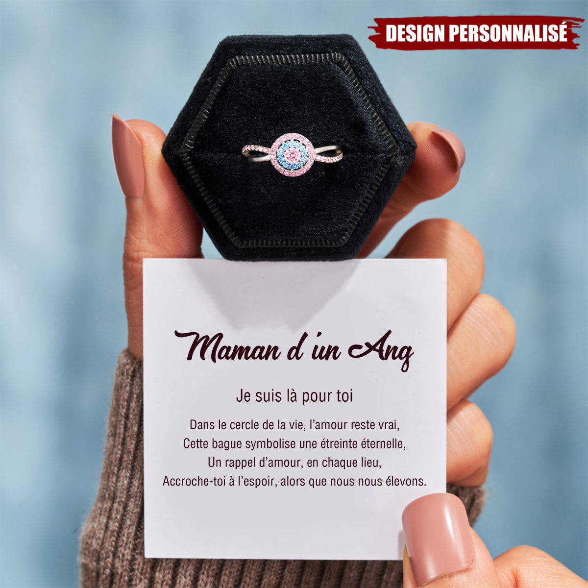 Bague "Maman d’un Ange" – Design Personnalisé avec Pierres Roses et Bleues
