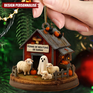 Ornement en Bois Personnalisé – Grange Automnale avec Moutons et Décor Halloween