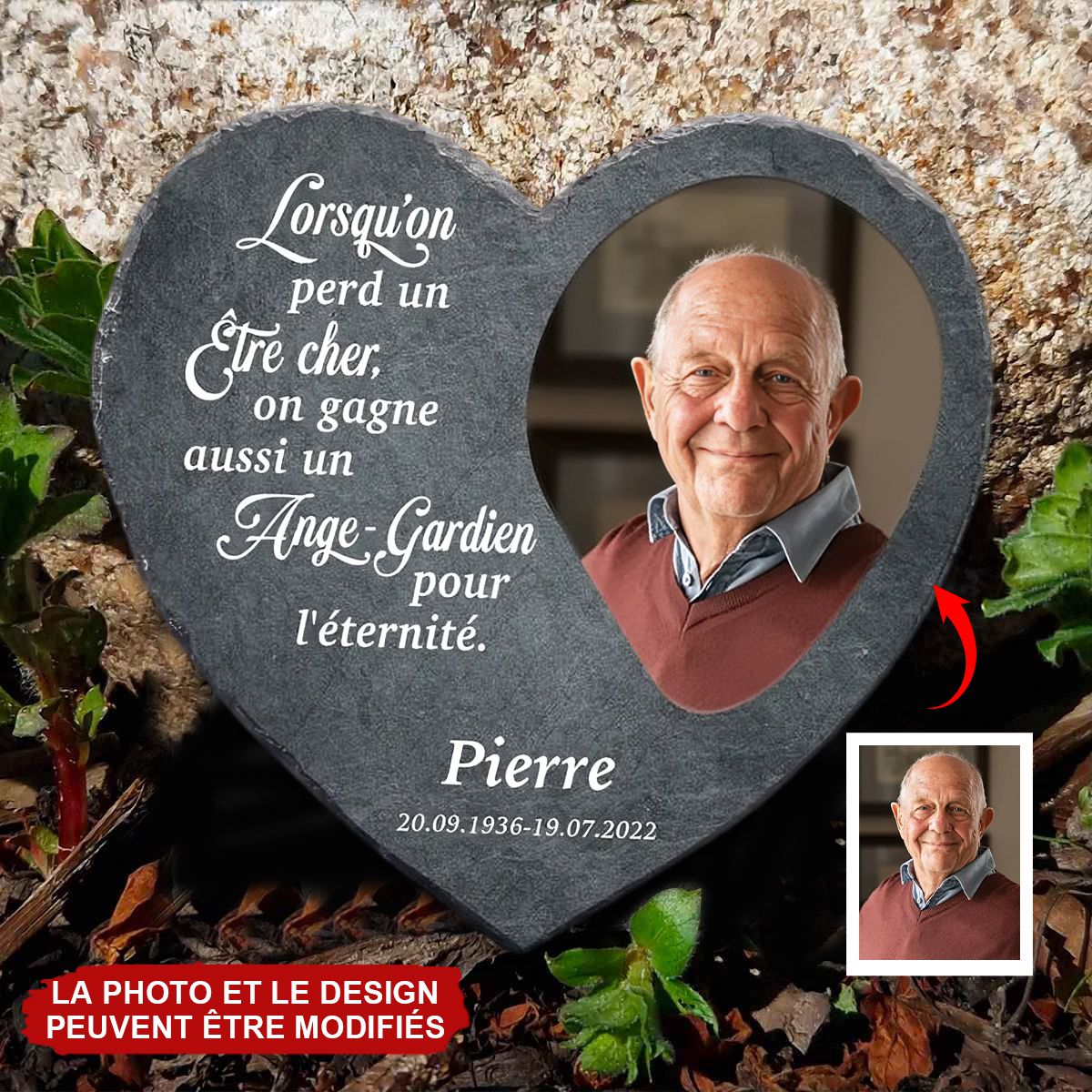 Plaque Commémorative Personnalisée en Pierre Naturelle – Cœur Gravé avec Photo
