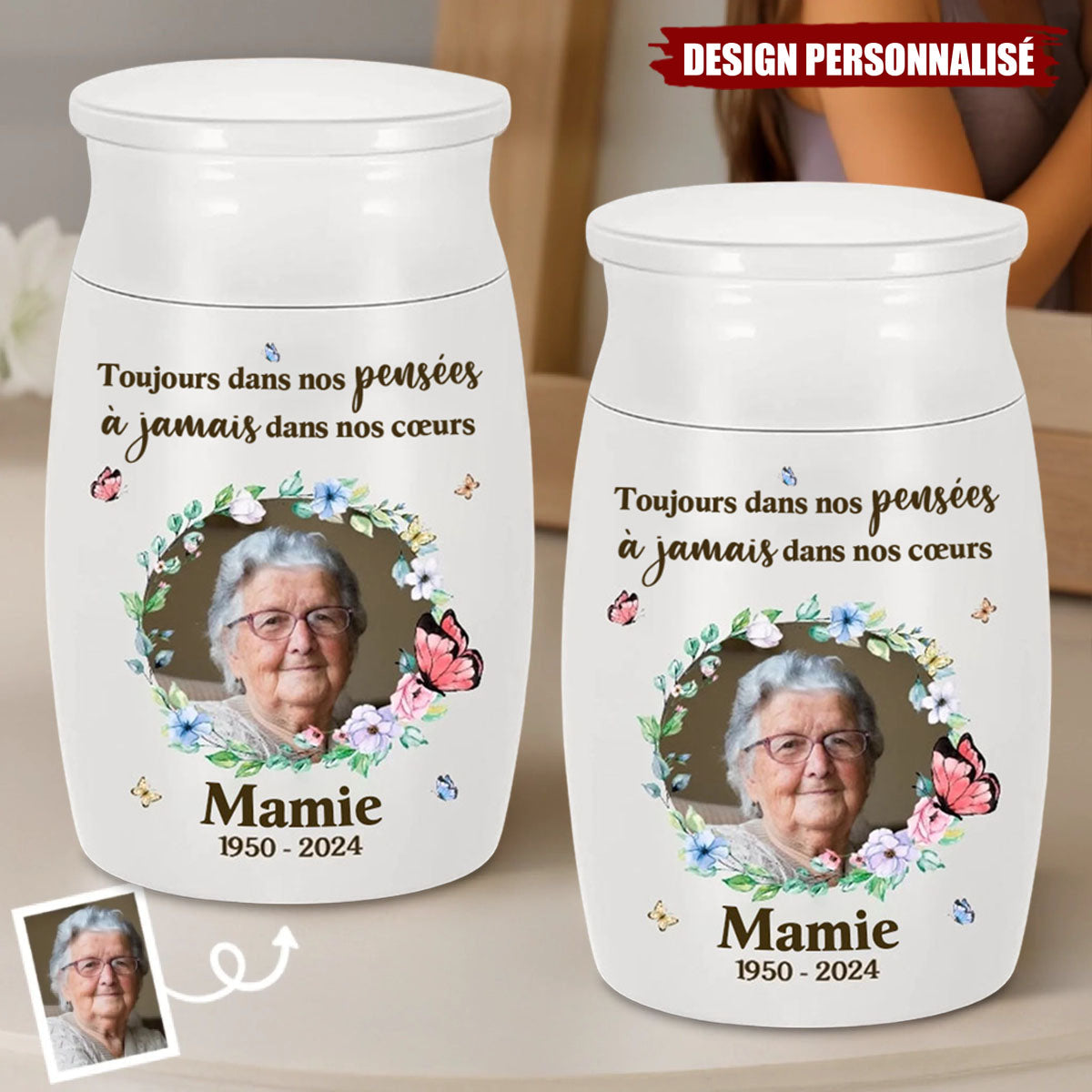 Urne Commémorative Personnalisée avec Photo et Message – En Mémoire d’un Être Cher
