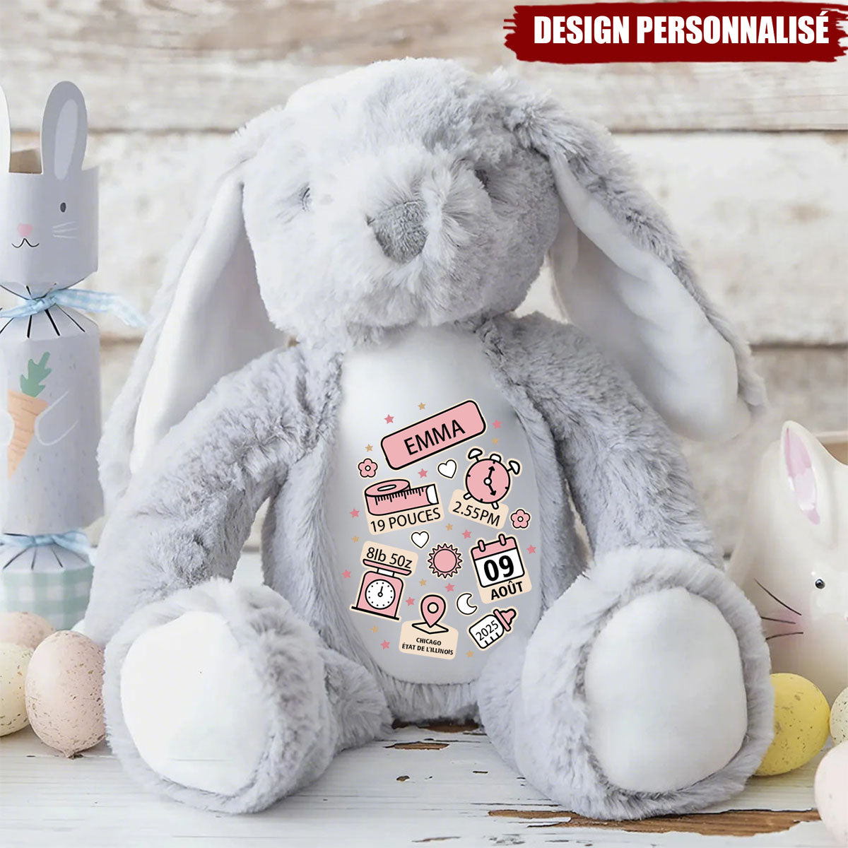 Lapin de Pâques en Peluche Personnalisé – Souvenir de Naissance Unique