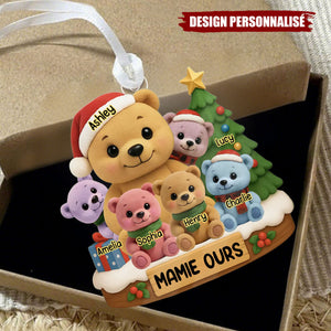 Ornement de Noël Personnalisé en Acrylique – Famille d’Ours avec Prénoms et Sapin