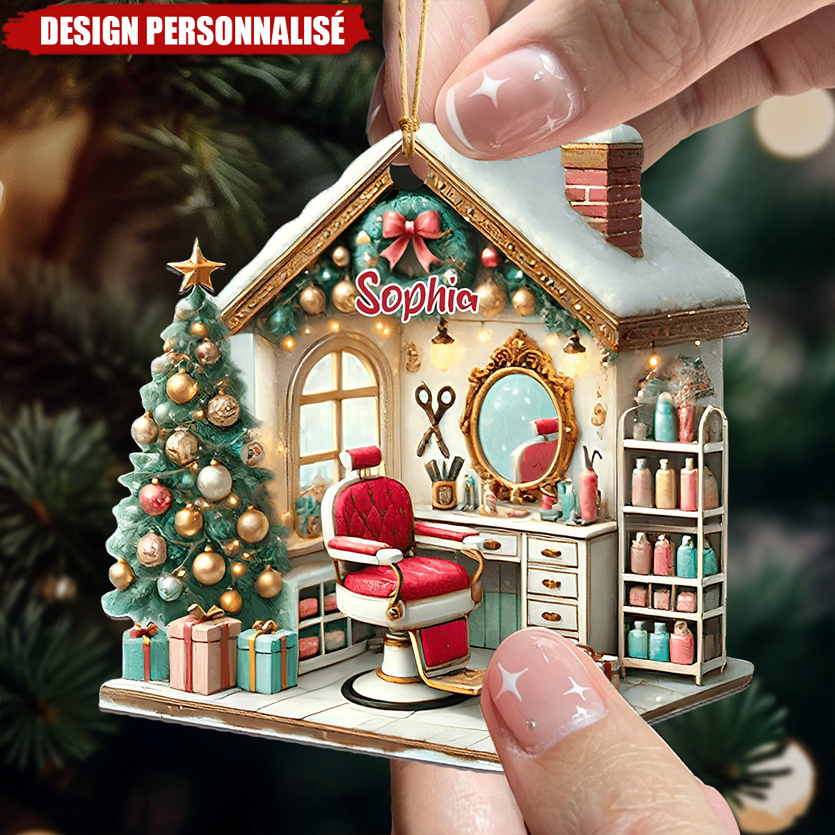 Décoration de Noël Personnalisée pour Salon de Coiffure – Cadeau de Noël pour Propriétaire de Salon de Coiffure