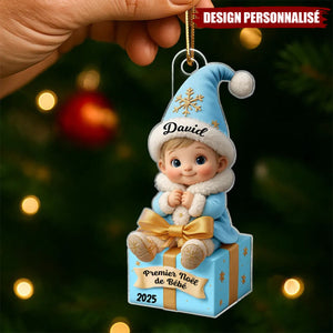 Ornement Acrylique Personnalisé – Premier Noël de Bébé avec Prénom et Date